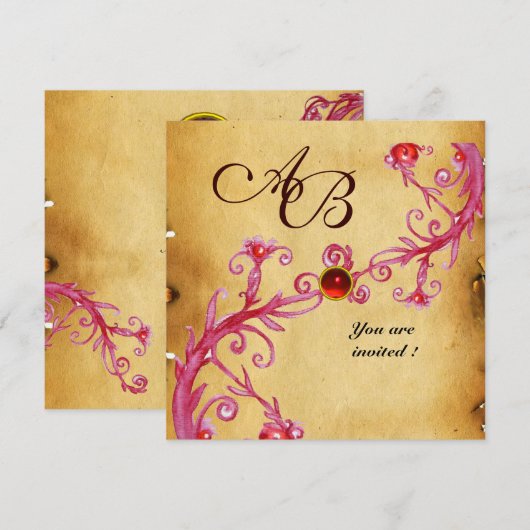 MAGIC BERRIES MONOGRAM Parchment Red Ruby Einladung (Vorne/Hinten)