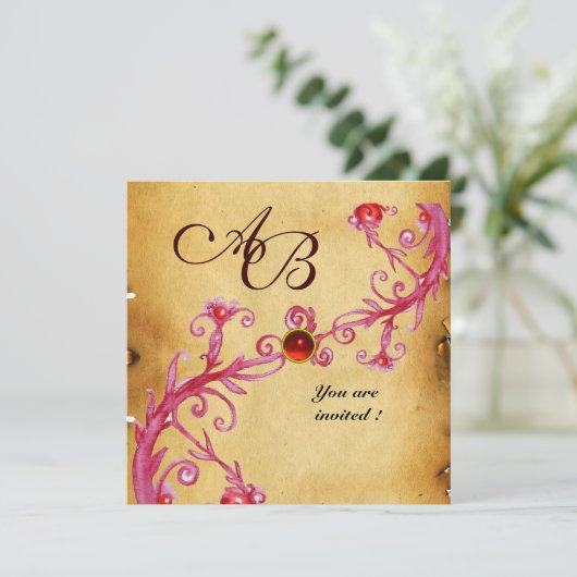 MAGIC BERRIES MONOGRAM Parchment Red Ruby Einladung (Stehend Vorderseite)