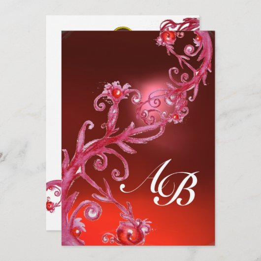 MAGIC BERRIES, MONOGRAMM, rot-weißer Fuchsie Einladung (Vorne/Hinten)