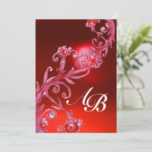 MAGIC BERRIES, MONOGRAMM, roter Ruby Einladung (Stehend Vorderseite)