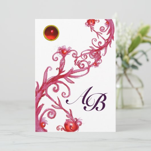 MAGIC BERRIES, MONOGRAMM, roter Ruby Einladung (Stehend Vorderseite)
