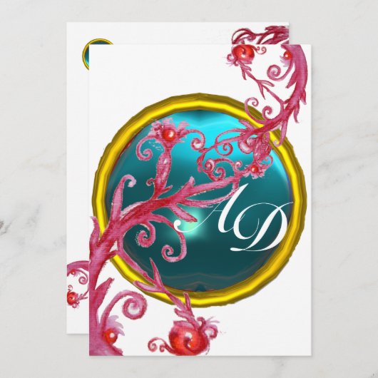 MAGIC BERRIS 4,MONOGRAMM blaues Aquamarin Einladung (Vorne/Hinten)