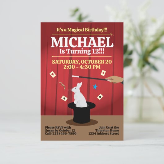 Magic Birthday Party Einladung - Top Hat & Bunny (Stehend Vorderseite)