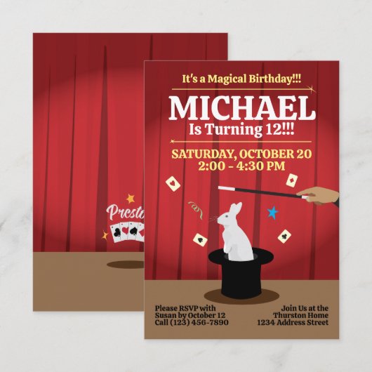 Magic Birthday Party Einladung - Top Hat & Bunny (Vorne/Hinten)