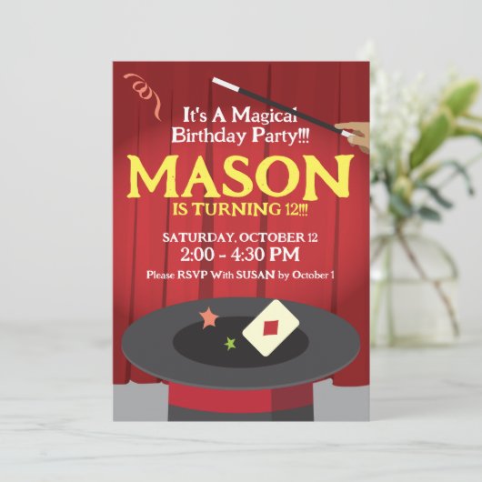 Magic Birthday Party Einladung Top Hat & Magic! (Stehend Vorderseite)