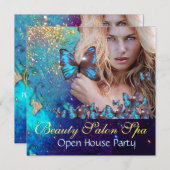MAGIC BLUE BUTTERFLY Open House Party Monogram Einladung (Vorne/Hinten)