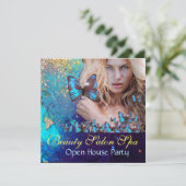 MAGIC BLUE BUTTERFLY Open House Party Monogram Einladung (Stehend Vorderseite)