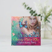 MAGIC BLUE BUTTERFLY Open House Party Monogram Einladung (Stehend Vorderseite)