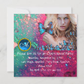 MAGIC BLUE BUTTERFLY Open House Party Monogram Einladung (Rückseite)
