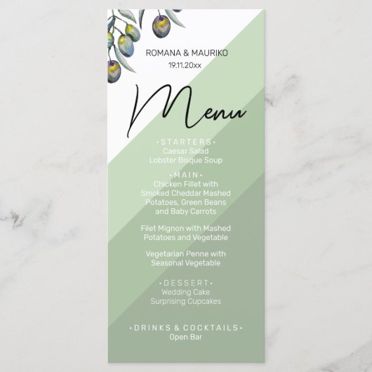 Magic Blue Green Olive Watercolor Handgemalt Menükarte (Vorderseite)