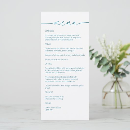 Magic Blue ・ Moderne Minimalistische Script Weddin Menükarte (Stehend Vorderseite)