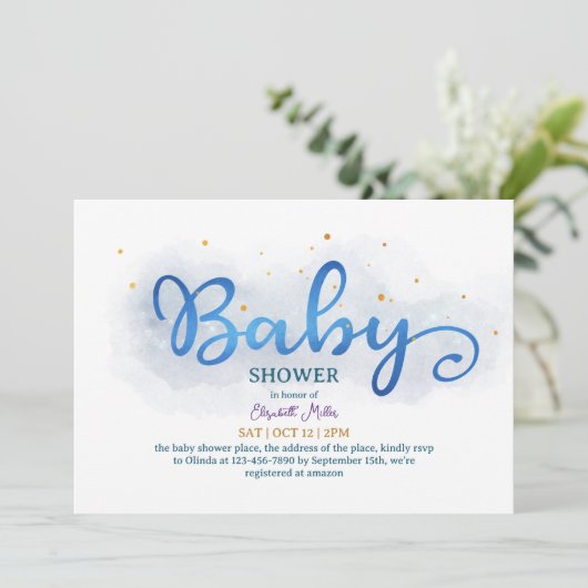 Magic Blue Watercolor Baby Boy Dusche Einladung (Stehend Vorderseite)
