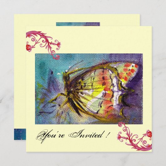 MAGIC BUTTERFLUSS MIT ROTEN WIRBEL, blauer Creme Einladung (Vorne/Hinten)