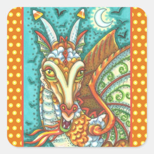 MAGIC CANDY CORN DRAGON, HALLOWEEN FANTASY QUADRATISCHER AUFKLEBER