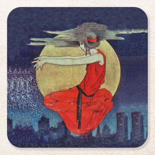 Magic Floating Woman Moon Night Sky Hexe Rechteckiger Pappuntersetzer (Vorderseite)