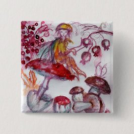 MAGIC FOLLET OF MUSHROOMS Red White Floral Fantasy Button
