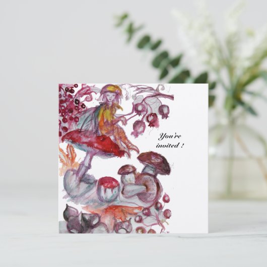 MAGIC FOLLET OF MUSHROOMS Red White Floral Fantasy Einladung (Stehend Vorderseite)