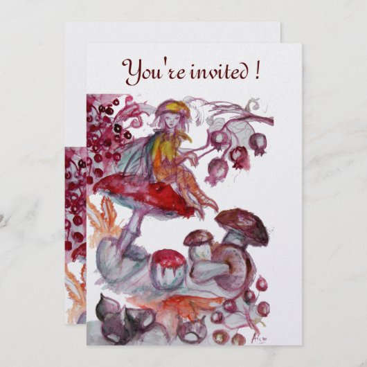 MAGIC FOLLET OF MUSHROOMS Red White Floral Fantasy Einladung (Vorne/Hinten)
