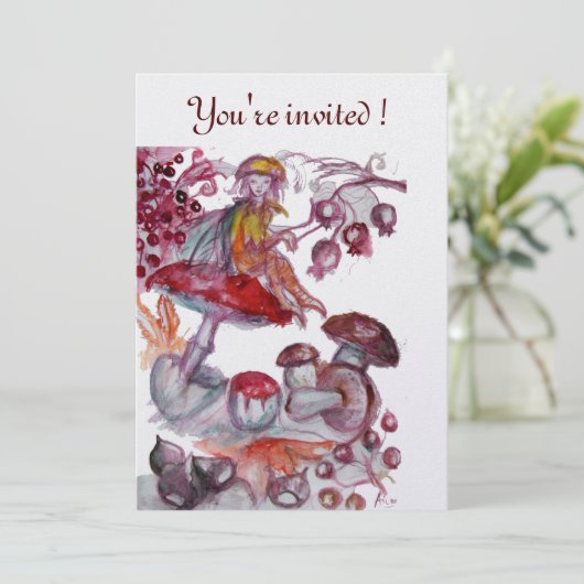MAGIC FOLLET OF MUSHROOMS Red White Floral Fantasy Einladung (Stehend Vorderseite)
