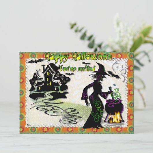 Magic Halloween Hexe Einladung (Stehend Vorderseite)