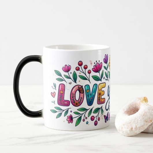 Magic Morphing Mug - Floral Sunflower "Love You Mo Verwandlungstasse (Mit Donut)