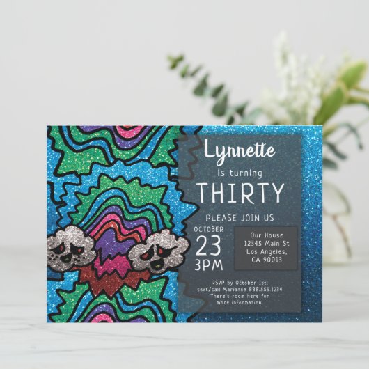 Magic Mushroom Rainbow Glitzer Whimsical Geburtsta Einladung (Stehend Vorderseite)