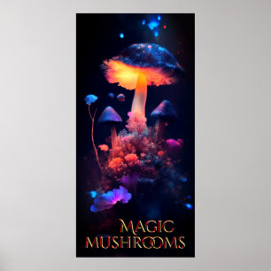 Magic Mushrooms Neon Fantasy Poster