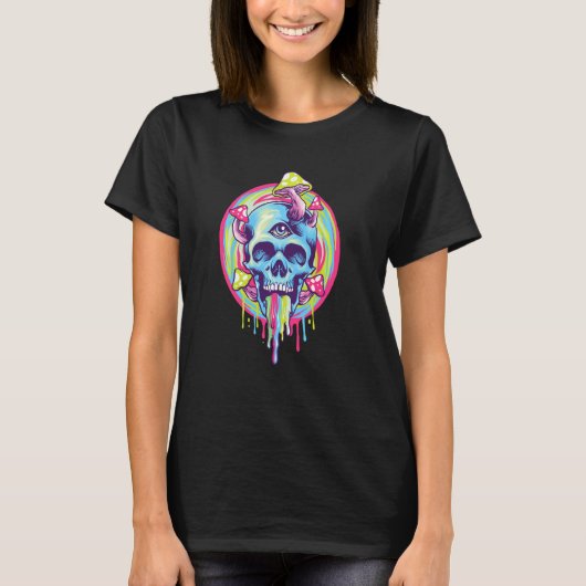 Magic Mushrooms Skull Trippy Graphic T-Shirt (Vorderseite)