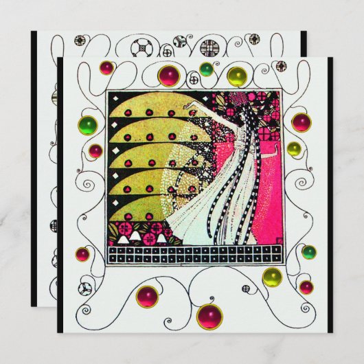 MAGIC OF THE SPRING, Fuchsia, grün gelb, schwarz Einladung (Vorne/Hinten)