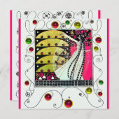 MAGIC OF THE SPRING, Fuchsia, grün gelb, schwarz Einladung (Vorne/Hinten)