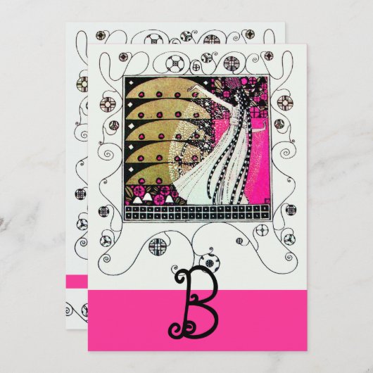 MAGIC OF THE SPRING, Fuchsia, grün gelb, schwarz Einladung (Vorne/Hinten)