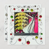 MAGIC OF THE SPRING, Fuchsia, grün gelb, schwarz Einladung (Vorne/Hinten)