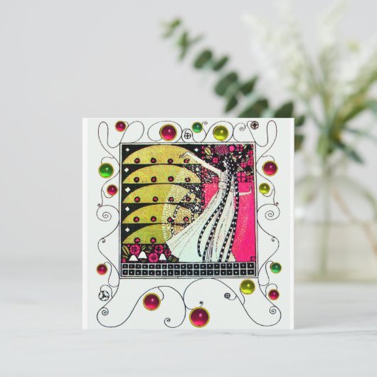 MAGIC OF THE SPRING, Fuchsia, grün gelb, schwarz Einladung (Stehend Vorderseite)