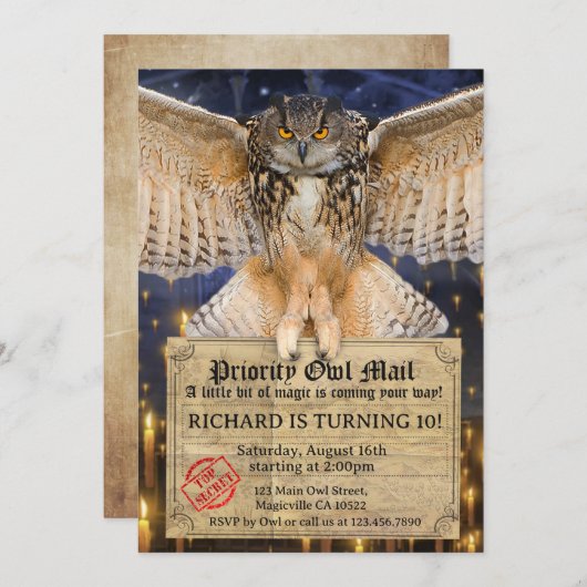 Magic Owl Mail Letter für einen Assistenten zum Ge Einladung (Vorne/Hinten)