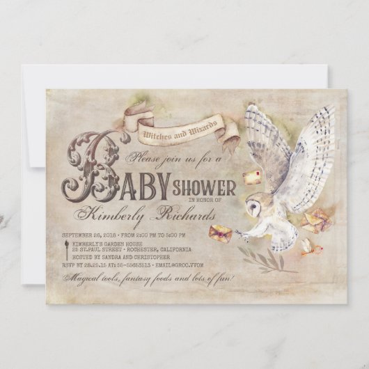 Magic Owl Wizard Hexe Märchen Babydusche Einladung (Vorderseite)