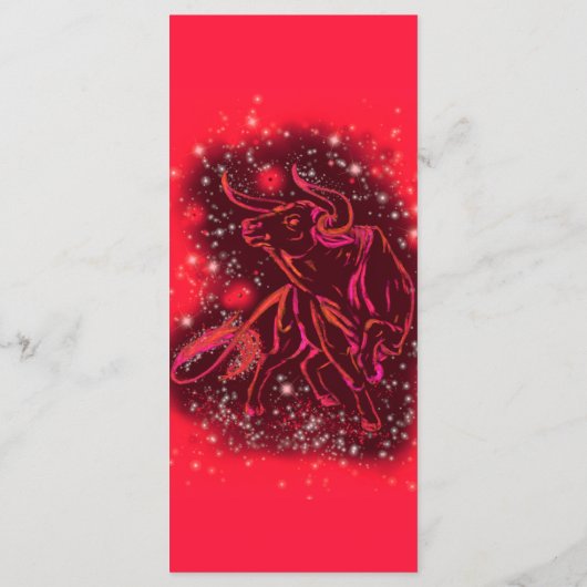 Magic Red Neon Bull rennt in der Starry Night Menükarte (Rückseite)