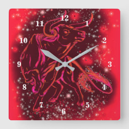 Magic Red Neon Bull Running - Phantastische Sterne Quadratische Wanduhr