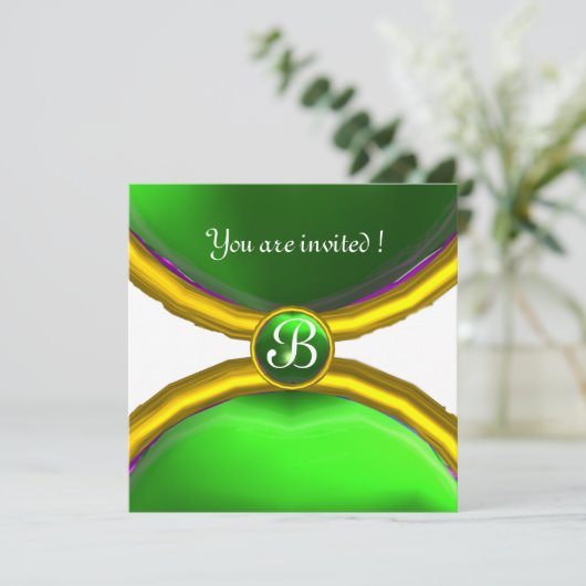 MAGIC RINGS, MONOGRAM-Edelstein grün Einladung (Stehend Vorderseite)