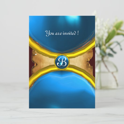 MAGIC RINGS,MONOGRAM Perchester blau Einladung (Stehend Vorderseite)