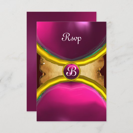 MAGIC RINGS,MONOGRAM Perchment uAwg Edelstein Rosa Einladung (Vorne/Hinten)