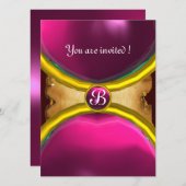 MAGIC RINGS,MONOGRAM Pergament Edelstein pink Einladung (Vorne/Hinten)