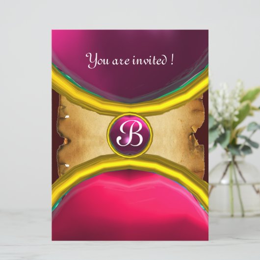 MAGIC RINGS,MONOGRAM Pergament Edelstein pink Einladung (Stehend Vorderseite)