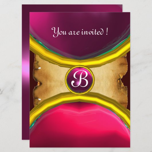 MAGIC RINGS,MONOGRAM Pergament Edelstein pink Einladung (Vorne/Hinten)