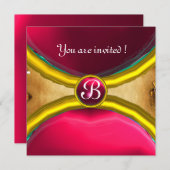 MAGIC RINGS,MONOGRAM Pergament Edelstein pink Einladung (Vorne/Hinten)