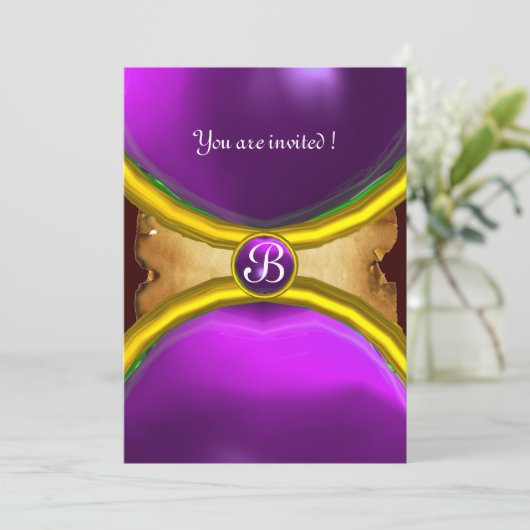 MAGIC RINGS,MONOGRAM Pergament lila Einladung (Stehend Vorderseite)