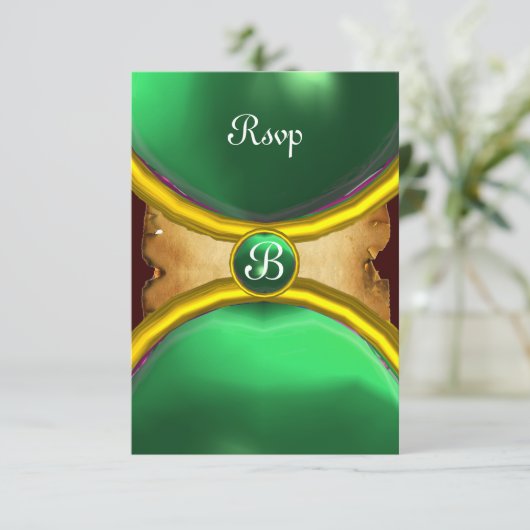 MAGIC RINGS,MONOGRAM Pergament uAwg Edelstein grün Einladung (Stehend Vorderseite)
