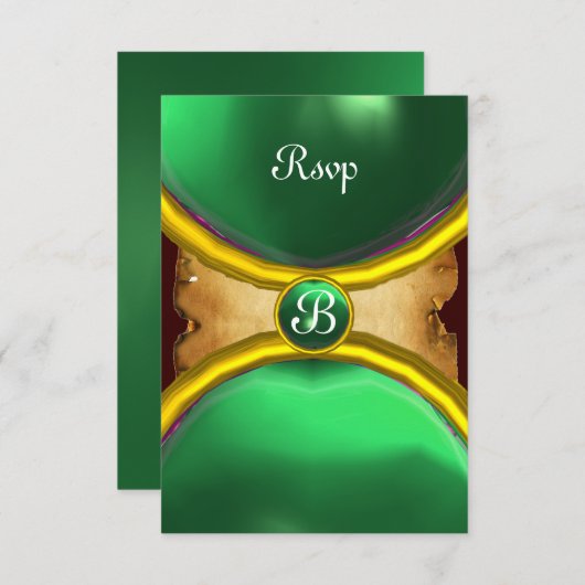 MAGIC RINGS,MONOGRAM Pergament uAwg Edelstein grün Einladung (Vorne/Hinten)