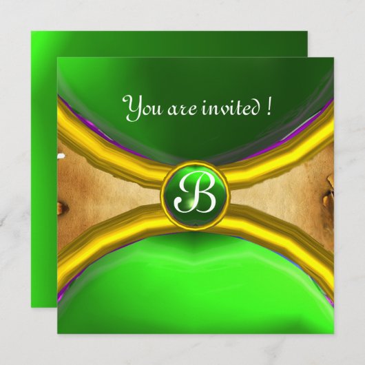 MAGIC RINGS, MONOGRAMM Pergament Grün Einladung (Vorne/Hinten)