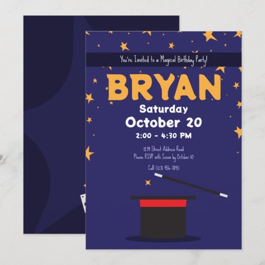 Magic Show Birthday Top Hat & Glitzern Einladung (Vorne/Hinten)