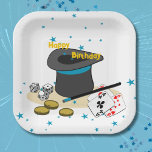 Magic Show Happy Birthday Kids Party Square Pappteller<br><div class="desc">Magic Show Birthday Kids Party Square Paper Teller mit blauen Sternen 🖹 Einfügen Sie Ihren Text 🎨 Bearbeiten Elementfarbe 📧 Fragen nach einem benutzerdefinierten Design beatecisse@kbmd3signs.com Besuchen Sie für Tipps und Ideen zu Farbe,  Kunst und Dekoration,  www.KBMD3signs.com</div>